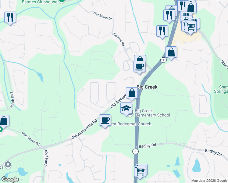 map of restaurants, bars, coffee shops, grocery stores, and more near 2060 Manor View in Cumming