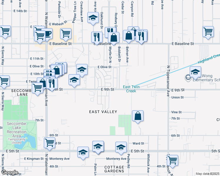 map of restaurants, bars, coffee shops, grocery stores, and more near 760 East 9th Street in San Bernardino