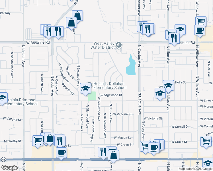 map of restaurants, bars, coffee shops, grocery stores, and more near 909 North Beechwood Avenue in Rialto