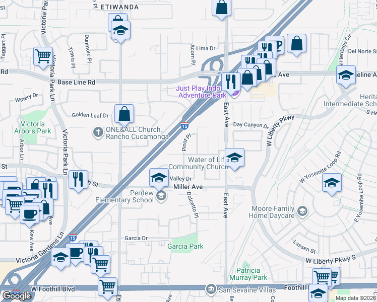 map of restaurants, bars, coffee shops, grocery stores, and more near 13152 River Oaks Drive in Rancho Cucamonga