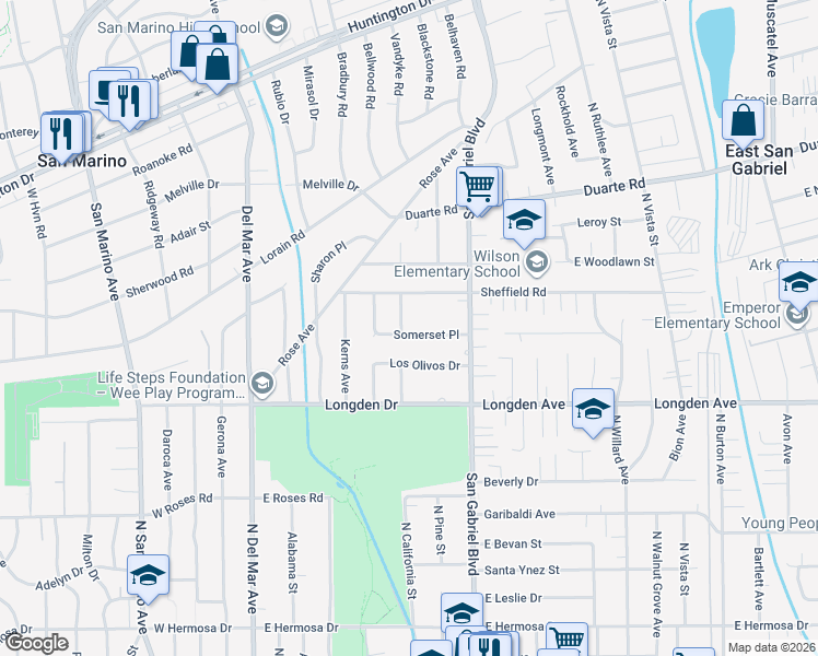 map of restaurants, bars, coffee shops, grocery stores, and more near 1970 Wellesley Road in San Marino