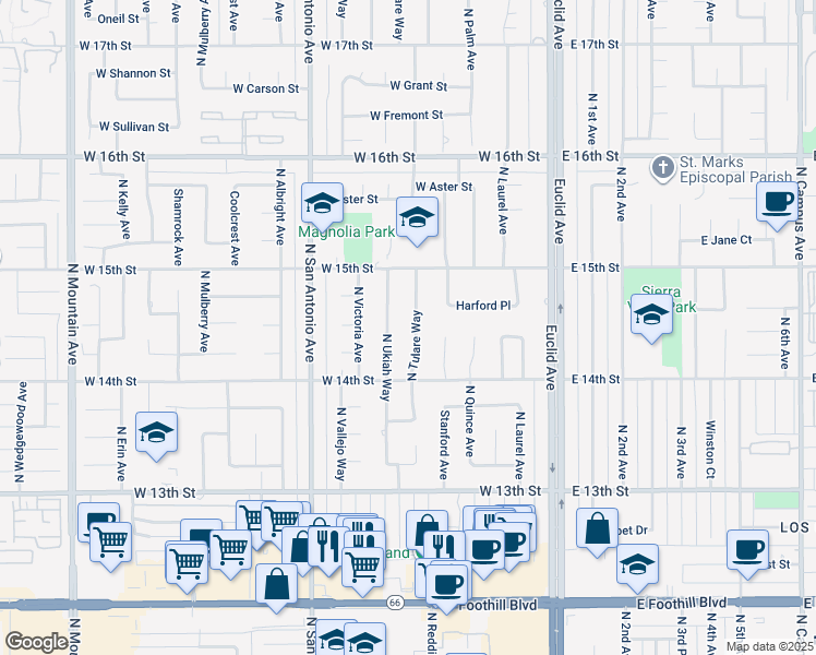 map of restaurants, bars, coffee shops, grocery stores, and more near 1449 North Tulare Way in Upland