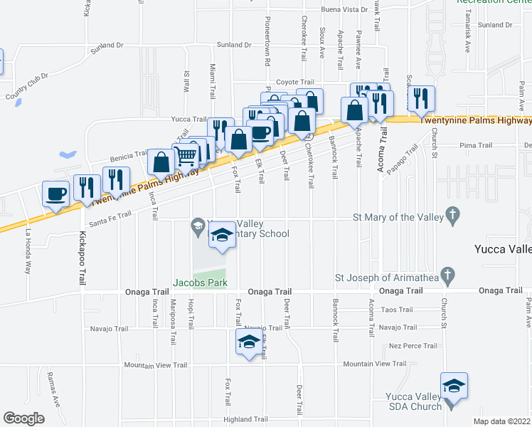 map of restaurants, bars, coffee shops, grocery stores, and more near 7491 Elk Trail in Yucca Valley