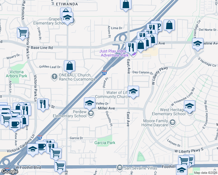map of restaurants, bars, coffee shops, grocery stores, and more near 13170 River Oaks Drive in Rancho Cucamonga