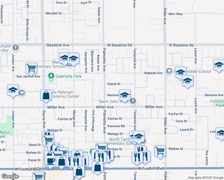 map of restaurants, bars, coffee shops, grocery stores, and more near 17337 Blossom Court in Fontana