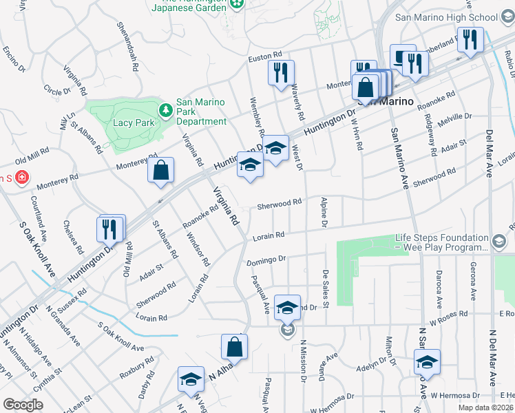 map of restaurants, bars, coffee shops, grocery stores, and more near 1645 Sherwood Road in San Marino