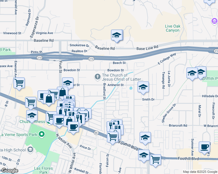 map of restaurants, bars, coffee shops, grocery stores, and more near 2710 Amherst Street in La Verne