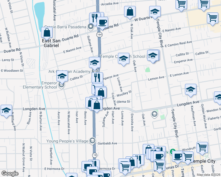 map of restaurants, bars, coffee shops, grocery stores, and more near 6441 Livia Avenue in Temple City