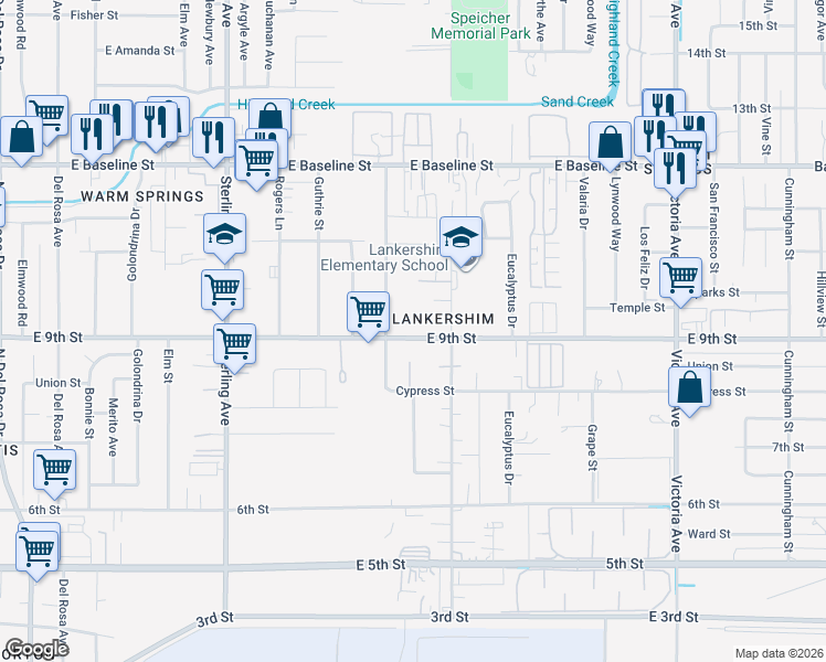 map of restaurants, bars, coffee shops, grocery stores, and more near 26032 9th Street in San Bernardino
