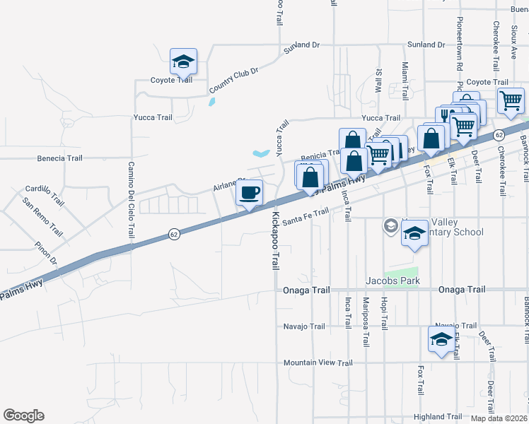 map of restaurants, bars, coffee shops, grocery stores, and more near 55267 Twentynine Palms Highway in Yucca Valley