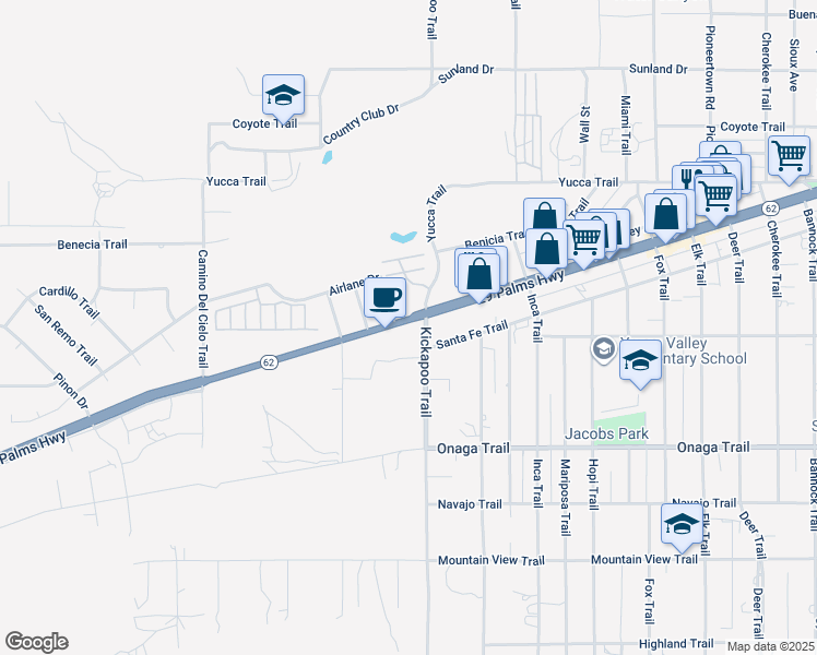 map of restaurants, bars, coffee shops, grocery stores, and more near 55267 Twentynine Palms Highway in Yucca Valley