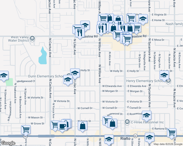 map of restaurants, bars, coffee shops, grocery stores, and more near 907 North Millard Avenue in Rialto