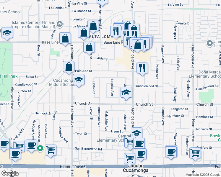 map of restaurants, bars, coffee shops, grocery stores, and more near 7594 Leucite Avenue in Rancho Cucamonga