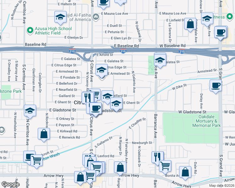map of restaurants, bars, coffee shops, grocery stores, and more near 1021 Gaillard Street in Azusa