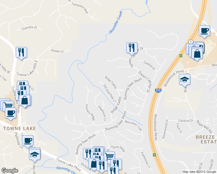 map of restaurants, bars, coffee shops, grocery stores, and more near 420 Old Deerfield Lane in Woodstock