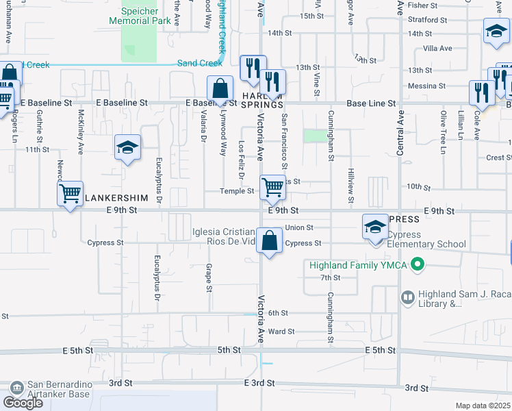 map of restaurants, bars, coffee shops, grocery stores, and more near 26494 9th Street in Highland