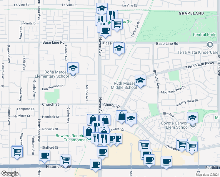 map of restaurants, bars, coffee shops, grocery stores, and more near 7619 Haven Avenue in Rancho Cucamonga