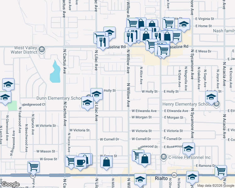 map of restaurants, bars, coffee shops, grocery stores, and more near 907 North Millard Avenue in Rialto