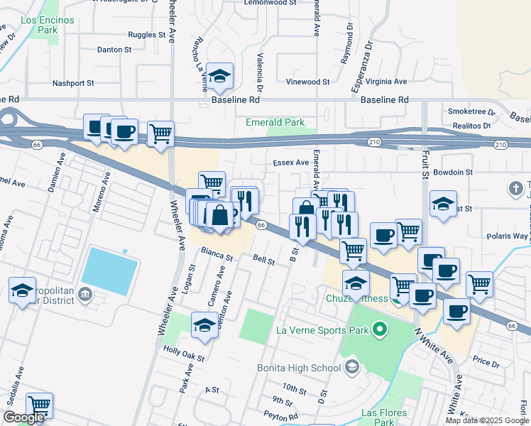 map of restaurants, bars, coffee shops, grocery stores, and more near 1753 Eaton Place in La Verne