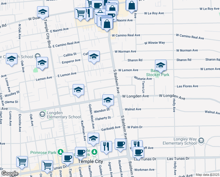 map of restaurants, bars, coffee shops, grocery stores, and more near 710 Estrella Avenue in Arcadia