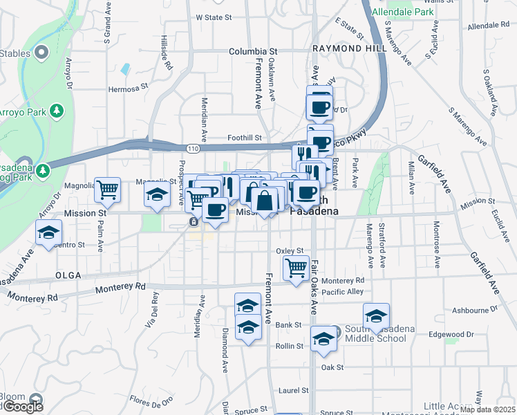 map of restaurants, bars, coffee shops, grocery stores, and more near 815 Fremont Avenue in South Pasadena