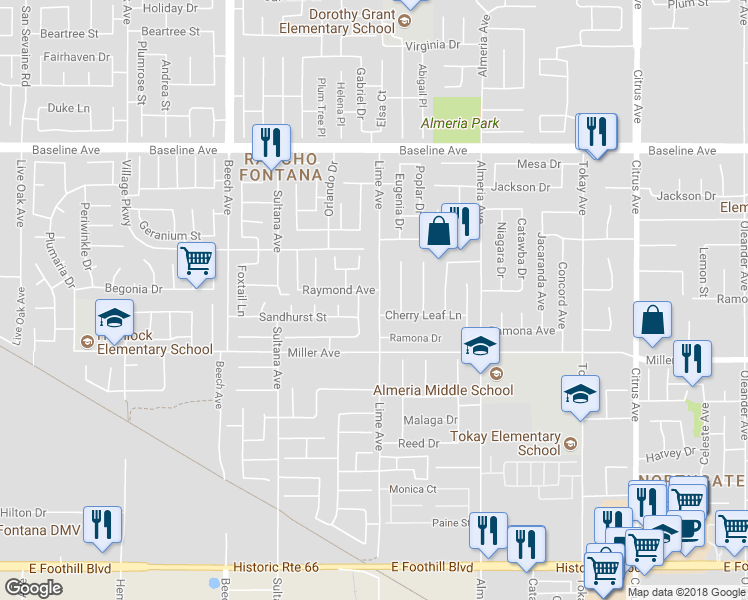 map of restaurants, bars, coffee shops, grocery stores, and more near 7582 Lime Avenue in Fontana