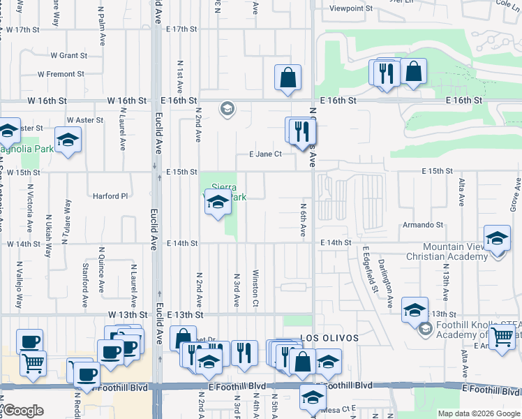 map of restaurants, bars, coffee shops, grocery stores, and more near 1447 Winston Court in Upland