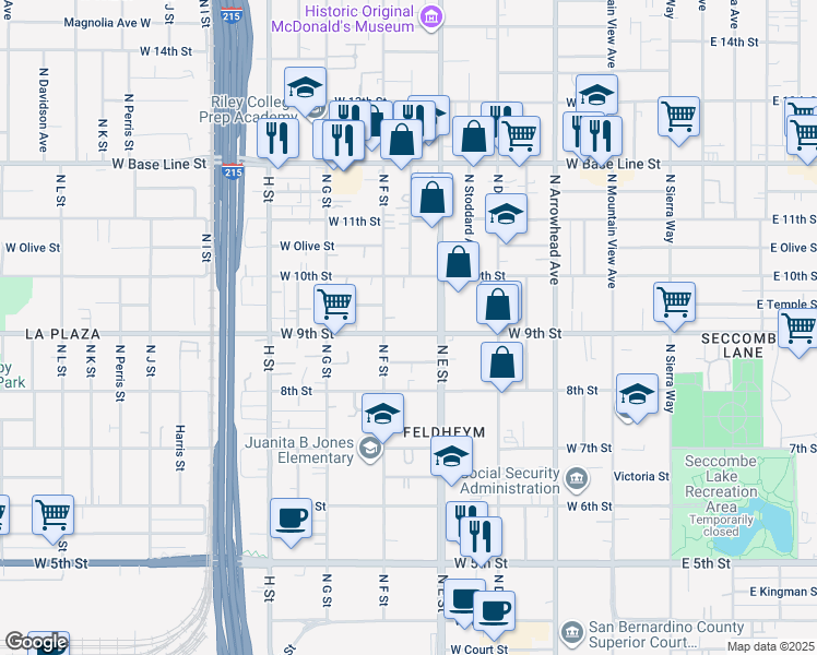 map of restaurants, bars, coffee shops, grocery stores, and more near 566 West 9th Street in San Bernardino