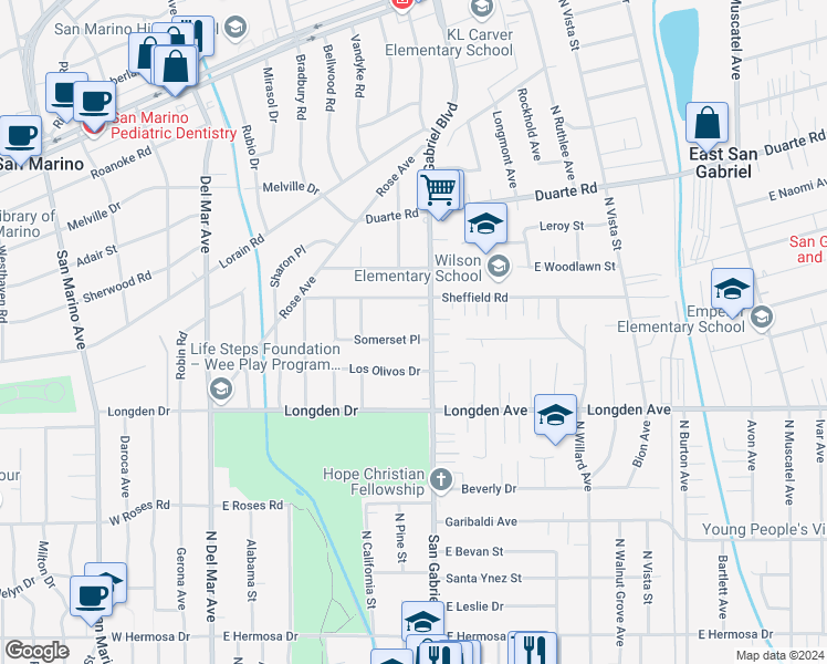 map of restaurants, bars, coffee shops, grocery stores, and more near 2975 Somerset Place in San Marino