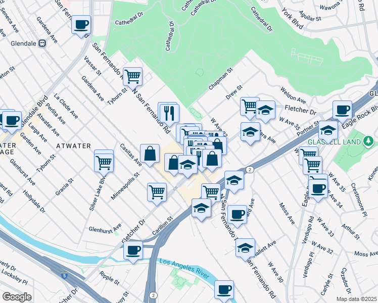 map of restaurants, bars, coffee shops, grocery stores, and more near 3131A North San Fernando Road in Los Angeles