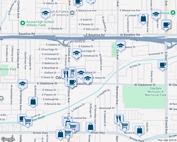 map of restaurants, bars, coffee shops, grocery stores, and more near 1021 Gaillard Street in Azusa