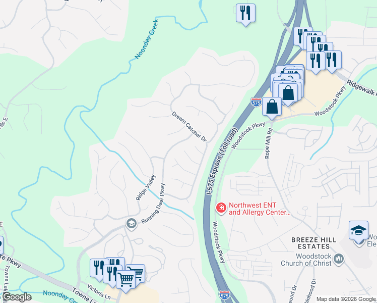 map of restaurants, bars, coffee shops, grocery stores, and more near 414 Middle Valley Lane in Woodstock
