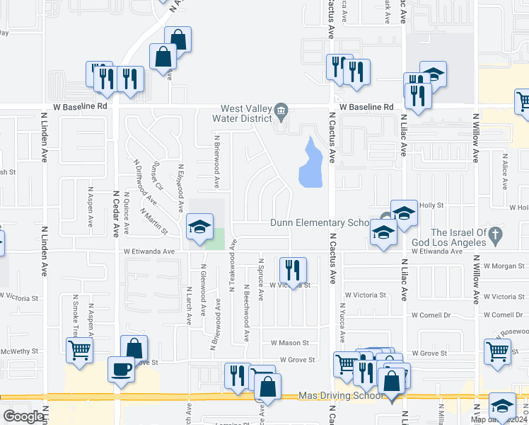 map of restaurants, bars, coffee shops, grocery stores, and more near 909 North Spruce Avenue in Rialto