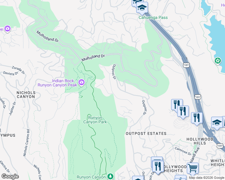 map of restaurants, bars, coffee shops, grocery stores, and more near 2608 Carman Crest Drive in Los Angeles