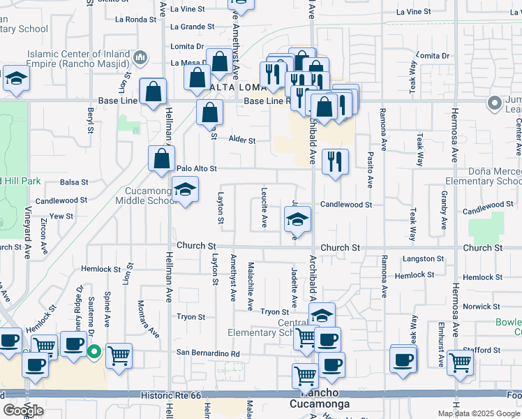 map of restaurants, bars, coffee shops, grocery stores, and more near 7594 Leucite Avenue in Rancho Cucamonga