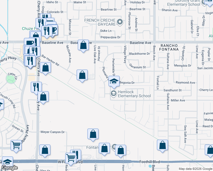 map of restaurants, bars, coffee shops, grocery stores, and more near 7581 Honeysuckle Street in Fontana