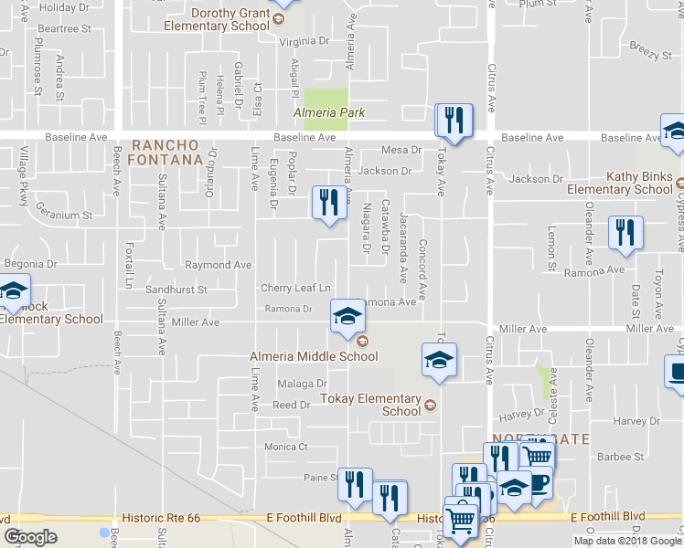 map of restaurants, bars, coffee shops, grocery stores, and more near 7585 Yellow Iris Court in Fontana