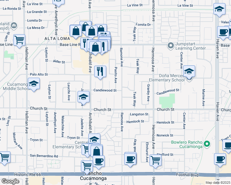 map of restaurants, bars, coffee shops, grocery stores, and more near 9879 Candlewood Street in Rancho Cucamonga