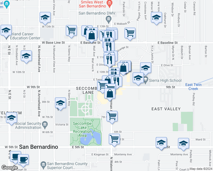 map of restaurants, bars, coffee shops, grocery stores, and more near 278 9th Street in San Bernardino