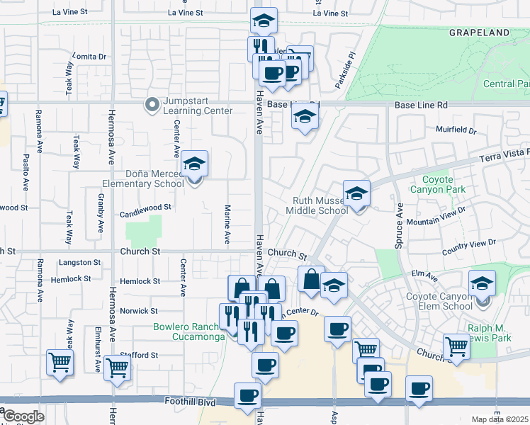 map of restaurants, bars, coffee shops, grocery stores, and more near 7643 Haven Avenue in Rancho Cucamonga