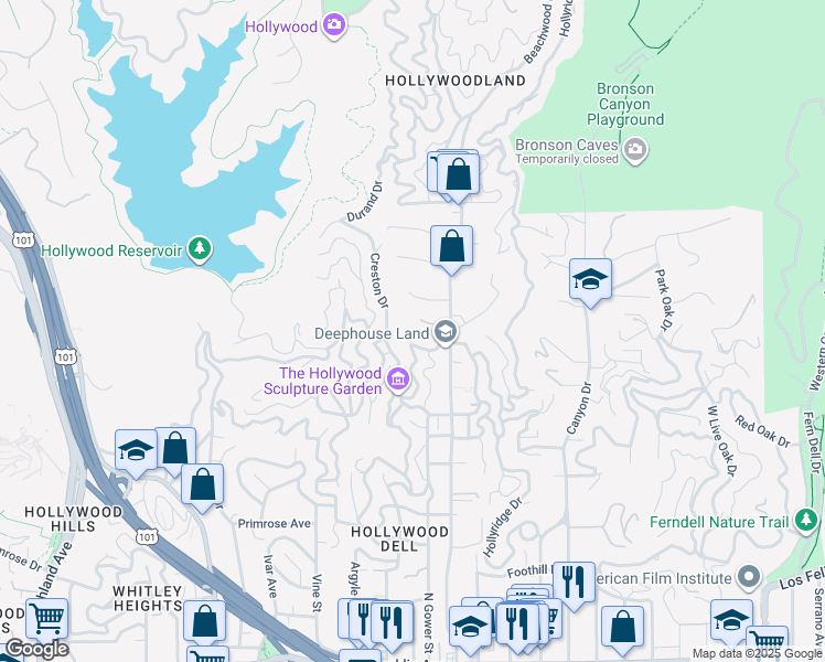 map of restaurants, bars, coffee shops, grocery stores, and more near 2585 Dearborn Drive in Los Angeles
