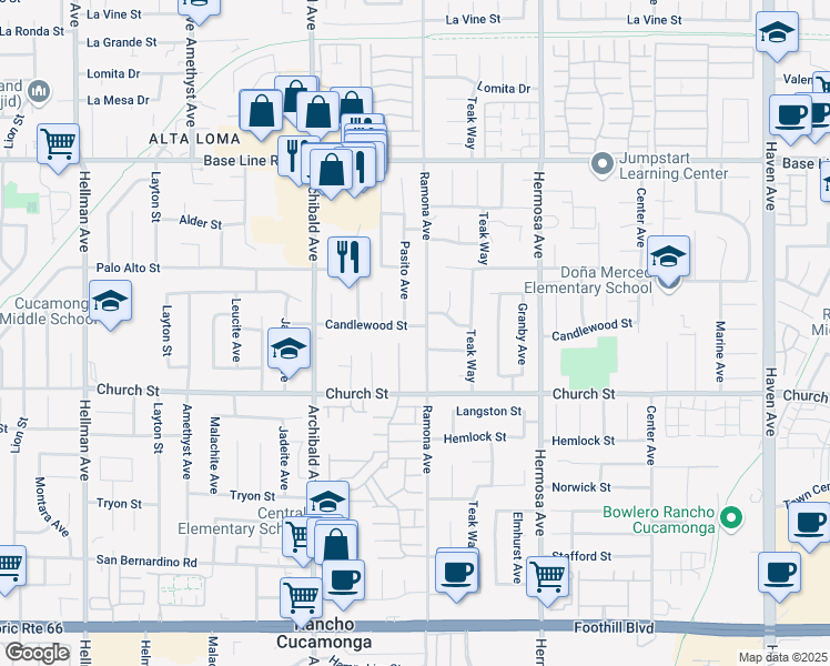 map of restaurants, bars, coffee shops, grocery stores, and more near 9879 Candlewood Street in Rancho Cucamonga