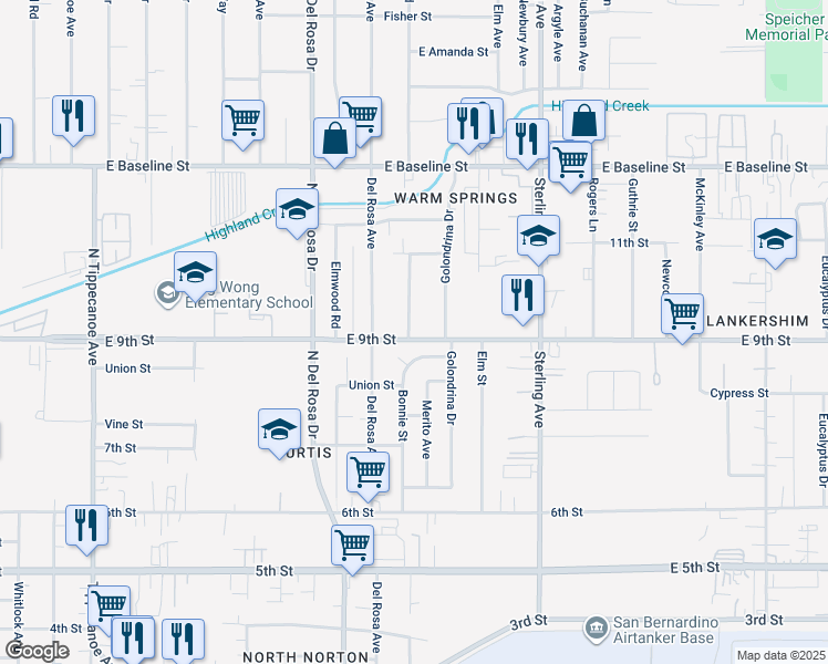 map of restaurants, bars, coffee shops, grocery stores, and more near 7590 Bonnie Street in San Bernardino