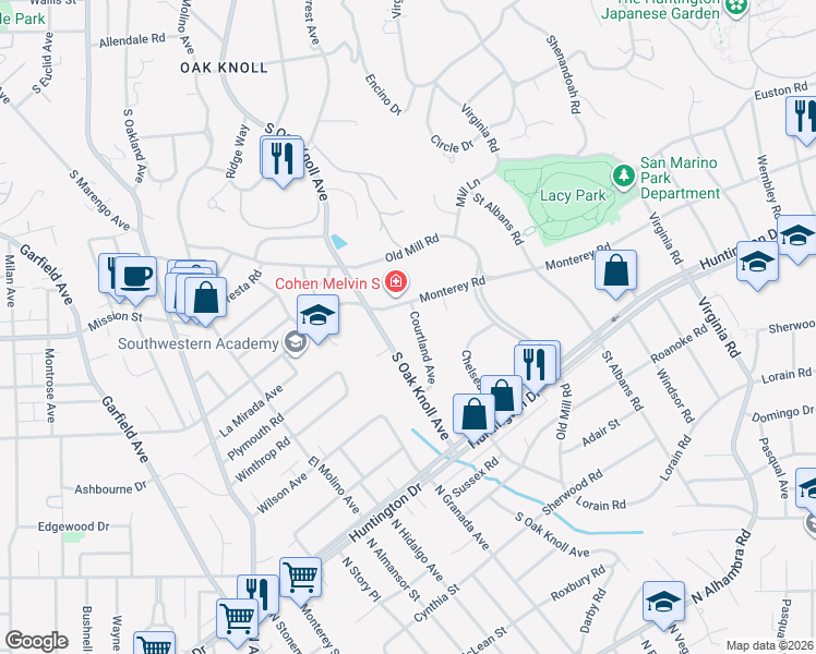 map of restaurants, bars, coffee shops, grocery stores, and more near 2050 Courtland Avenue in San Marino
