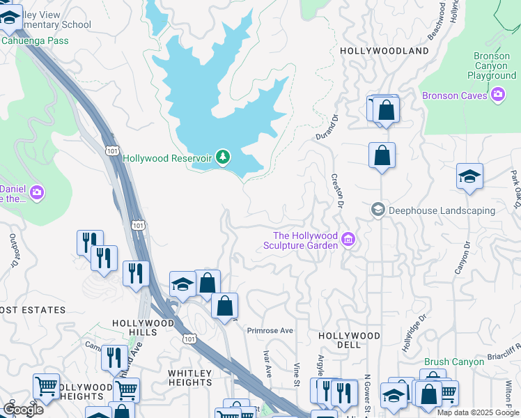 map of restaurants, bars, coffee shops, grocery stores, and more near 6425 Weidlake Drive in Los Angeles