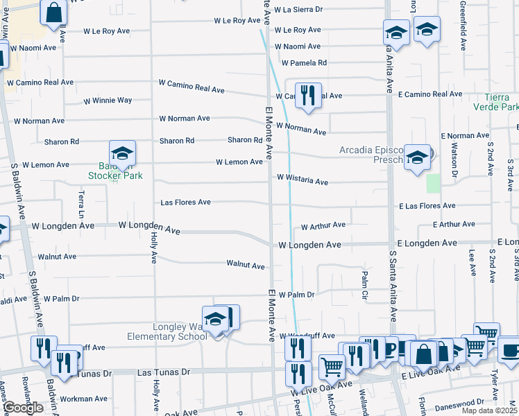 map of restaurants, bars, coffee shops, grocery stores, and more near 212 West Las Flores Avenue in Arcadia
