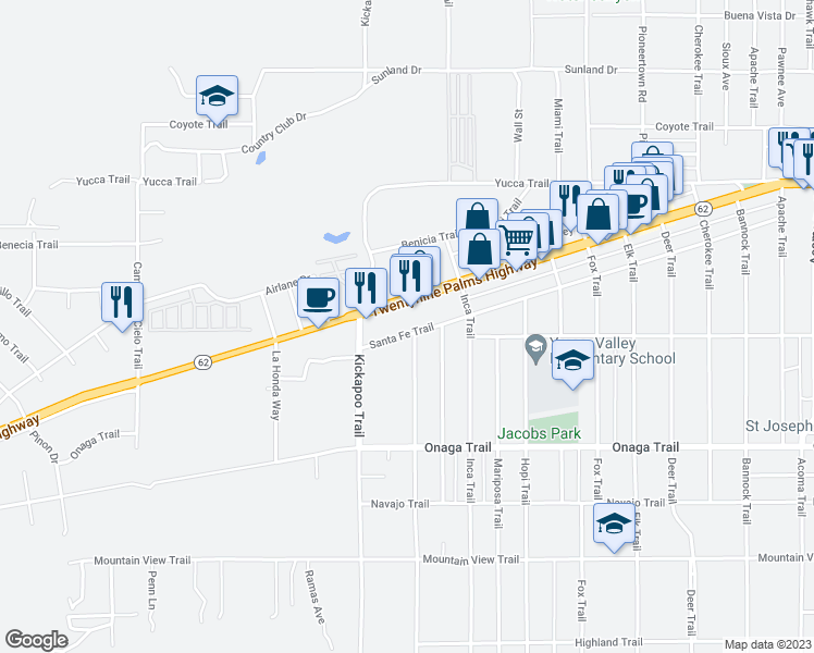 map of restaurants, bars, coffee shops, grocery stores, and more near 55394 Santa Fe Trail in Yucca Valley