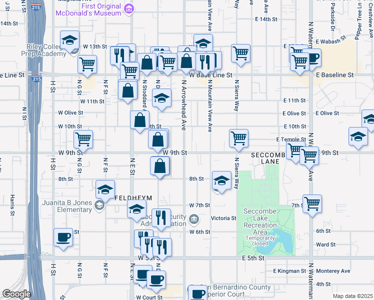 map of restaurants, bars, coffee shops, grocery stores, and more near 901 North Arrowhead Avenue in San Bernardino