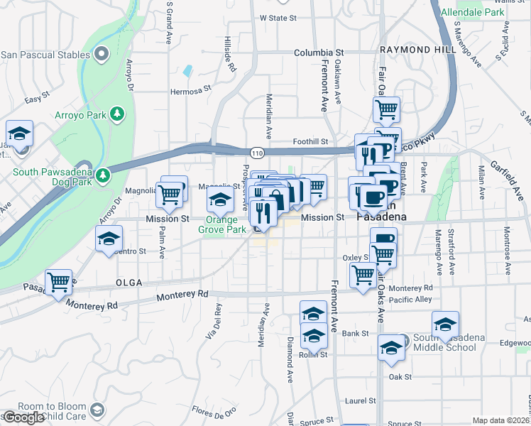 map of restaurants, bars, coffee shops, grocery stores, and more near 809 Meridian Avenue in South Pasadena