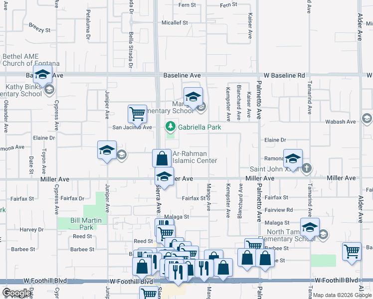 map of restaurants, bars, coffee shops, grocery stores, and more near 17057 Holguin Court in Fontana